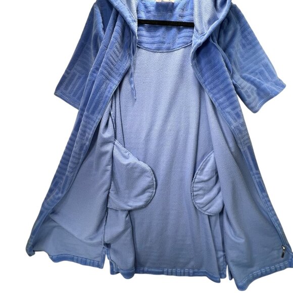 Stan Herman Womens Hooded Full Zip Bath Robe PL Blue Plush Pockets Short Sleeve - Picture 4 of 11